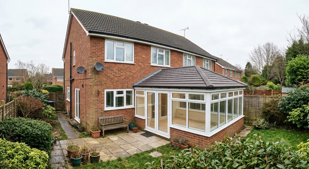Conservatory after lightweight GRP roof conversion with modern downlighting